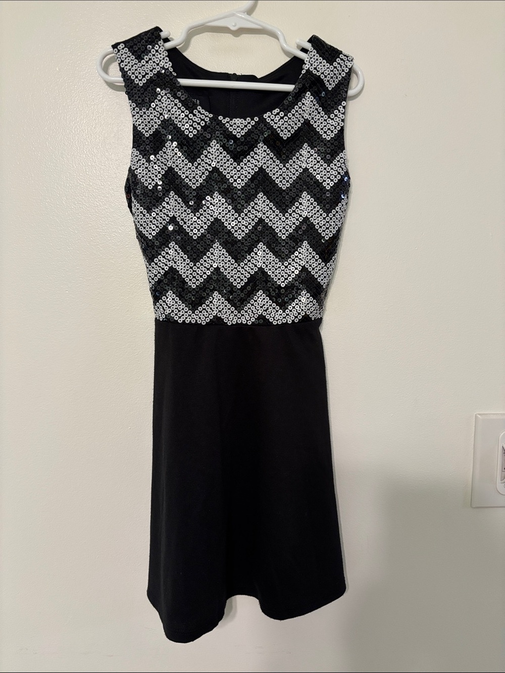 Amy Byer Black Mini Dress with Black & White Sequin Chevron Bodice